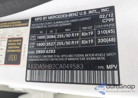 2012 Mercedes-Benz Ml 350 4Matic из США, поврежденный, VIN 4JGDA5HB2CA049583